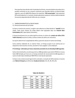 - Para aquellasáreasdonde esténlocalizadaslasoficinas,zonasde taladrosde produccióny
posibles refinerías se van a requerir estaciones que atiendan tráficos en determinadas
regiones, para ello MOVITEX dispone de estaciones “BTS sectorizadas”. Hay estaciones
BTS sectorizadasde 2 y 3 sectores,donde cadasectormanejaun número determinado de
frecuencias dependiendo del tráfico de voz a manejar.
3. DIMENSIONAMIENTO DE LA RED DE RADIO
3.1 Dimensionamiento de las Celdas
En base al número de usuarios, la región a dar cobertura se debe diseñar el “tamaño” de las
celdas. Cada cierto número de celdas deben estar agrupadas bajo una Estación Base
Controladora (BSC: Base Station Controller).
El dimensionamiento de una celda significa estimar el número de canales de tráfico (TCH:
Traffic Channel) necesita la celda y cuantos canales de tráfico son necesarios.
Se rquiere determinar la capacidad de tráfico y para ello calcular el número de Erlangs.
Como estamos hablando de un sistema móvil, un Erlang es igual al uso continuo de un
dispositivo móvil durante una hora, durante la “hora cargada” y viene dada por:
N° de Erlangs = (llamadas por hora) x (duración promedio de una llamada)/3.600 segundos
Comocriteriode diseño,se estimaque de los 1.000 operadores que tendrá PDVSA en la zona
harán 400 llamadas por hora con un tiempo promedio de conversación de 100 segundos, el
cual es el valor típico medido por MOVITEX en este tipo de operación.
En base a esto,laGerenciade Ingenieríaha realizado un estudio de tráfico donde se muestra
una Tabla de Erlang B para diferentes Grados de Servicio: 1%, 2%, 3%, 4% y 5%.
TABLA DE ERLANG B
N° de
Canales
1% 2% 3% 5%
1 0,01 0,02 0,03 0,05
2 0,15 0,22 0,28 0,38
3 0,46 0,60 0,72 0,90
4 0,87 1,09 1,26 1,52
5 1,36 1,66 1,88 2,22
 