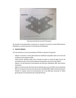 Estructura del plan de reuso de frecuencia
De acuerdo al caso planteado se requieren se requieren cincuenta y cuatro (54) Estaciones
Radiobases y seis (6) estaciones Controladoras de Radiobases.
4. PLAN DE TRABAJO
A fin de acometer el servicio solicitado por PDVSA se requiere lo siguiente:
- Adquirir cincuenta y cuatro (54) estaciones radiobases equipadas cada una con dos (2)
Unidades Transreceptoras (TRX).
- Cada estación radiobase debe estar enlazada vía radio o a través de algún servicio de
arrendamiento de circuitos E1 brindado por proveedores de servicio tipo CANTV.
- Adquirir seis (6) Estaciones Controladoras de Estaciones Radiobases (BSC: Base Station
Controller)
- Adquiriral menossiete (7) enlaces de microondas para cursar el tráfico de las estaciones
BSC con el equipocentral de conmutaciónde laredGSM (MSC:Mobile Switching Center).
- Ampliar el equipo central de Conmutación de la red GSM para conmutar el tráfico
generado por el área petrolera de la Faja del Orinoco.
 