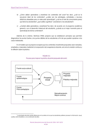 Miguel Ángel Herrera Batista
b) ¿Cómo deben aprenderse y enseñarse los contenidos del curso? (es decir, ¿cuál es la
secuencia ideal de los contenidos?, ¿cuáles son las estrategias, actividades y recursos
didácticos deseables para un adecuado aprendizaje?, ¿cuál es el nivel de conocimiento previo
que tiene los estudiantes?, ¿qué estilos cognitivos11
caracterizan a los estudiantes?).
c) ¿Cuándo debe aprenderse y enseñarse? (es decir, de acuerdo con el programa académico
general y con el desarrollo intelectual del estudiante, ¿cuándo es el mejor momento para el
aprendizaje de dichos contenidos?).
Además de lo anterior, Stenhose (1984), propone que se establezcan principios que permitan
diagnosticar los puntos fuertes y los puntos débiles de los estudiantes a fin de que puedan ajustarse a los
casos individuales.
En el modelo que se propone se espera que los contenidos inicialmente propuestos sean revisados,
ampliados y mejorados mediante la incorporación de la experiencia docente, así como la revisión continua y
la reflexión sobre la práctica.
FIGURA 4.5.
Proceso para mejorar la práctica docente (propuesta del autor)
Fuente socio-cultural
Proyecto
inicial
Proyecto
mejorado
Fuente
Práctica mejorada
Fuente
Psico-pedagógica
epistemológica
Retroalimentación
Mejora continua
11
La psicología educativa señala diferencias en los estilos en los que los estudiantes prefieren procesar la información: visual,
auditiva, táctil, kinestésico o una combinación de ellos.
Revista Iberoamericana de Educación (ISSN: 1681-5653)
• 14 •
 