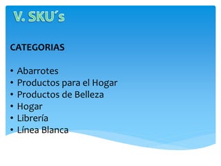 CATEGORIAS
• Abarrotes
• Productos para el Hogar
• Productos de Belleza
• Hogar
• Librería
• Línea Blanca
 