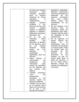 tal forma que puedan 
interactuar para 
compartir opiniones 
tanto de manera 
individual de forma 
autónoma e 
independiente. 
 Además también 
conflictue a los 
alumnos, pero de una 
manera puedan 
superar el obstáculo 
cognitivo a enfrentar. 
Expresaron opiniones, 
discutieron, etc. 
 En el uso de 
materiales utilice 
aquellos que 
estuvieran al alcance 
de los alumnos, pero 
de una manera 
dinámica donde 
pueda ser una 
actividad o 
aprendizaje 
significativo para los 
alumnos. 
 Utilice rúbricas e 
instrumentos de 
recolección de 
información para 
evaluar los productos 
de los alumnos de 
una manera más 
objetiva. 
 También reconozco 
como las 
evaluaciones 
formativas a los 
alumnos mejora mi 
práctica profesional. 
 También me fue bien 
en mi practica como 
lograr una convivencia 
en el aula y así 
favorecer la inclusión. 
educativas especiales. 
Necesito involucrarme 
más en los procesos de 
desarrollo de los 
alumnos, conocerlos 
más para poder 
atender todas las 
necesidades de los 
alumnos. 
 No les explique a los 
alumnos como la 
evaluación puede ser 
beneficioso para ellos, 
necesito informar tanto 
los resultados de las 
evaluaciones. 
 No se organizar mi 
tiempo, adecuo los 
tiempo en mi 
planificación, pero al 
momento de la practica 
no lo llevo acabo. Trate 
de hacerlo pero los 
procesos de los 
alumnos no me 
favorecían en los 
tiempos, ya que no 
quería dejar atrás a 
todos los alumnos, y 
me fui todos juntos. 
Necesito cumplir los 
tiempos que establezco 
en el aula. 
 