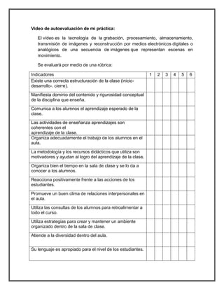 Video de autoevaluación de mi práctica: 
El vídeo es la tecnología de la grabación, procesamiento, almacenamiento, 
transmisión de imágenes y reconstrucción por medios electrónicos digitales o 
analógicos de una secuencia de imágenes que representan escenas en 
movimiento. 
Se evaluará por medio de una rúbrica: 
Indicadores 1 2 3 4 5 6 
Existe una correcta estructuración de la clase (inicio-desarrollo-. 
cierre). 
Manifiesta dominio del contenido y rigurosidad conceptual 
de la disciplina que enseña. 
Comunica a los alumnos el aprendizaje esperado de la 
clase. 
Las actividades de enseñanza aprendizajes son 
coherentes con el 
aprendizaje de la clase. 
Organiza adecuadamente el trabajo de los alumnos en el 
aula. 
La metodología y los recursos didácticos que utiliza son 
motivadores y ayudan al logro del aprendizaje de la clase. 
Organiza bien el tiempo en la sala de clase y se lo da a 
conocer a los alumnos. 
Reacciona positivamente frente a las acciones de los 
estudiantes. 
Promueve un buen clima de relaciones interpersonales en 
el aula. 
Utiliza las consultas de los alumnos para retroalimentar a 
todo el curso. 
Utiliza estrategias para crear y mantener un ambiente 
organizado dentro de la sala de clase. 
Atiende a la diversidad dentro del aula. 
Su lenguaje es apropiado para el nivel de los estudiantes. 
 