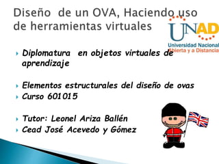  Diplomatura en objetos virtuales de
aprendizaje
 Elementos estructurales del diseño de ovas
 Curso 601015
 Tutor: Leonel Ariza Ballén
 Cead José Acevedo y Gómez
 