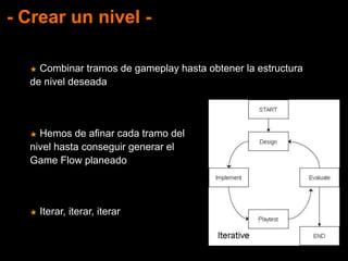 - Crear un nivel -
★ Combinar tramos de gameplay hasta obtener la estructura
de nivel deseada
★ Iterar, iterar, iterar
★ Hemos de afinar cada tramo del
nivel hasta conseguir generar el
Game Flow planeado
 