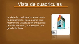 Vista de cuadriculas
La vista de cuadrícula muestra datos
horizontalmente. Suele usarse para
mostrar una visualización enriquecida
de cada elemento, por ejemplo, una
galería de fotos.
 