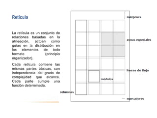 Retícula
La retícula es un conjunto de
relaciones basadas en la
alineación, actúan como
guías en la distribución en
los elementos de todo
formato (principio
organizador).
Cada retícula contiene las
mismas partes básicas, con
independencia del grado de
complejidad que alcance.
Cada parte cumple una
función determinada.
 