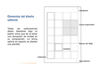 Elementos del diseño
editorial
Todas las publicaciones
deben diseñarse bajo un
patrón único que de al lector
una sensación de unidad en
su composición. La forma
optima en lograrlo es diseñar
una plantilla.
 