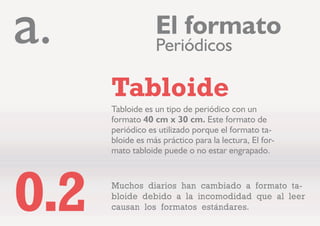 (O IRUPDWR
3RVHH FHUFD GH  FP (V HO
PDRU IRUPDWR GH HVH WLSR
GH SXEOLFDFLyQ GRQGH SXHGH
FRQWHQHU PDRU LQIRUPDFLyQ
 IRWRJUDItD
3HULyGLFRV
§(V GH GLItFLO PDQHMR SDUD HO OHFWRU¨
D
(VWiQGDU
 