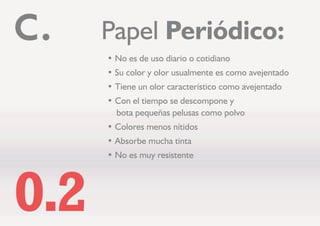 7LSR GH SDSHOF
'H ,PSUHVLyQ  HVFULWXUD
'H 3HULyGLFR
‡ RXFKH
‡ %RQG
‡ %ODQTXHDGR
‡ 6DWLQDGRV
3DSHOHV GRQGH VH LPSULPHQ ORV GLYHUVRV SHULyGLFRV
 