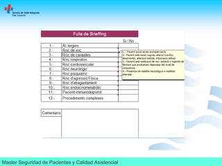 Diseño e implantación de briefings. Seguridad de turno, seguridad de pacientes en un servicio de urgencias