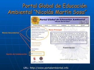 Portal Global de Educación Ambiental “Nicolás Martín Sosa” URL:  http://www.portalambiental.info Menú Principal Menús Secundarios Opción de Colaboración Presentación 