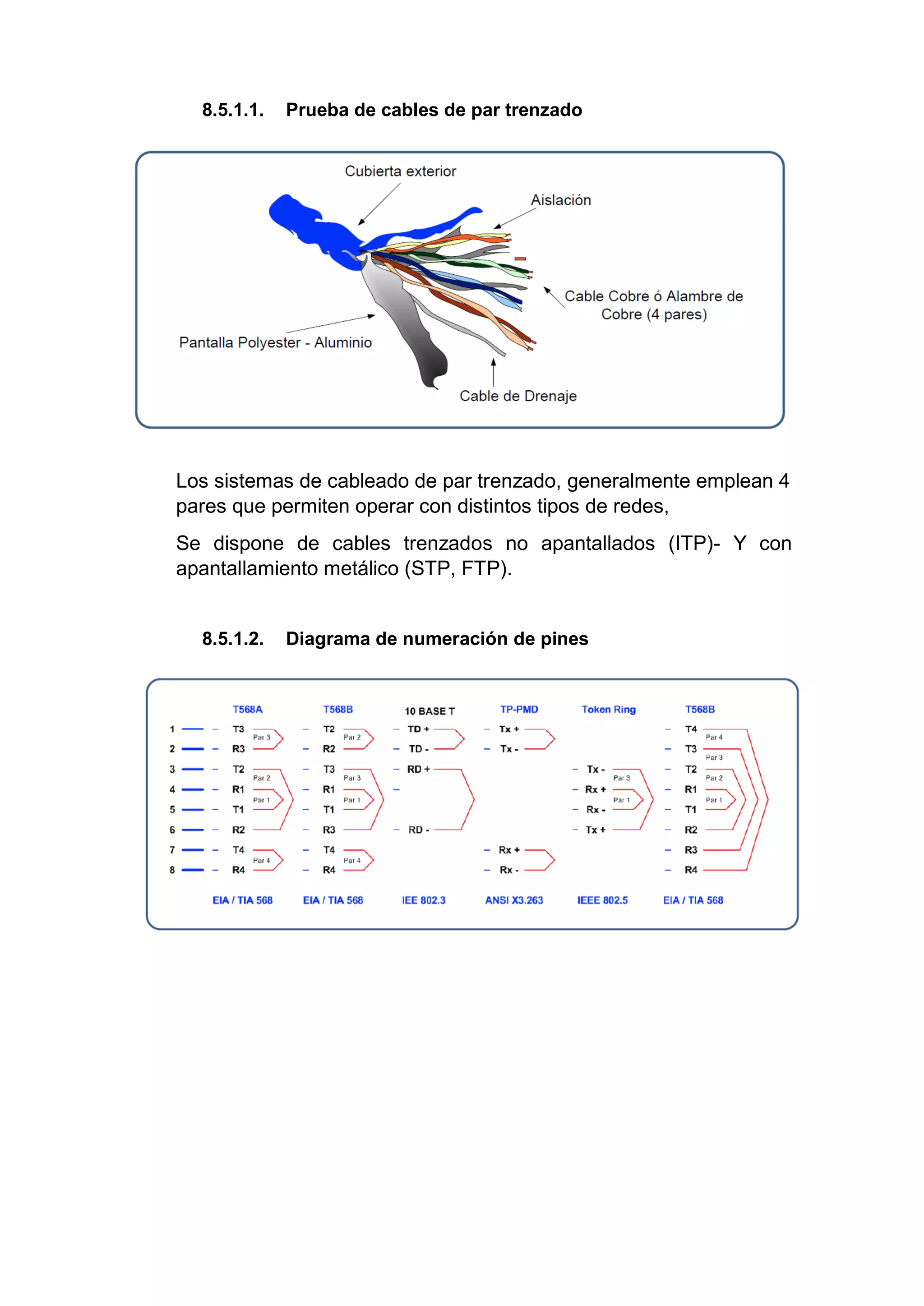 8.5.1.1. Prueba de cables de par trenzado
Los sistemas de cableado de par trenzado, generalmente emplean 4
pares que permiten operar con distintos tipos de redes,
Se dispone de cables trenzados no apantallados (ITP)- Y con
apantallamiento metálico (STP, FTP).
8.5.1.2. Diagrama de numeración de pines
 