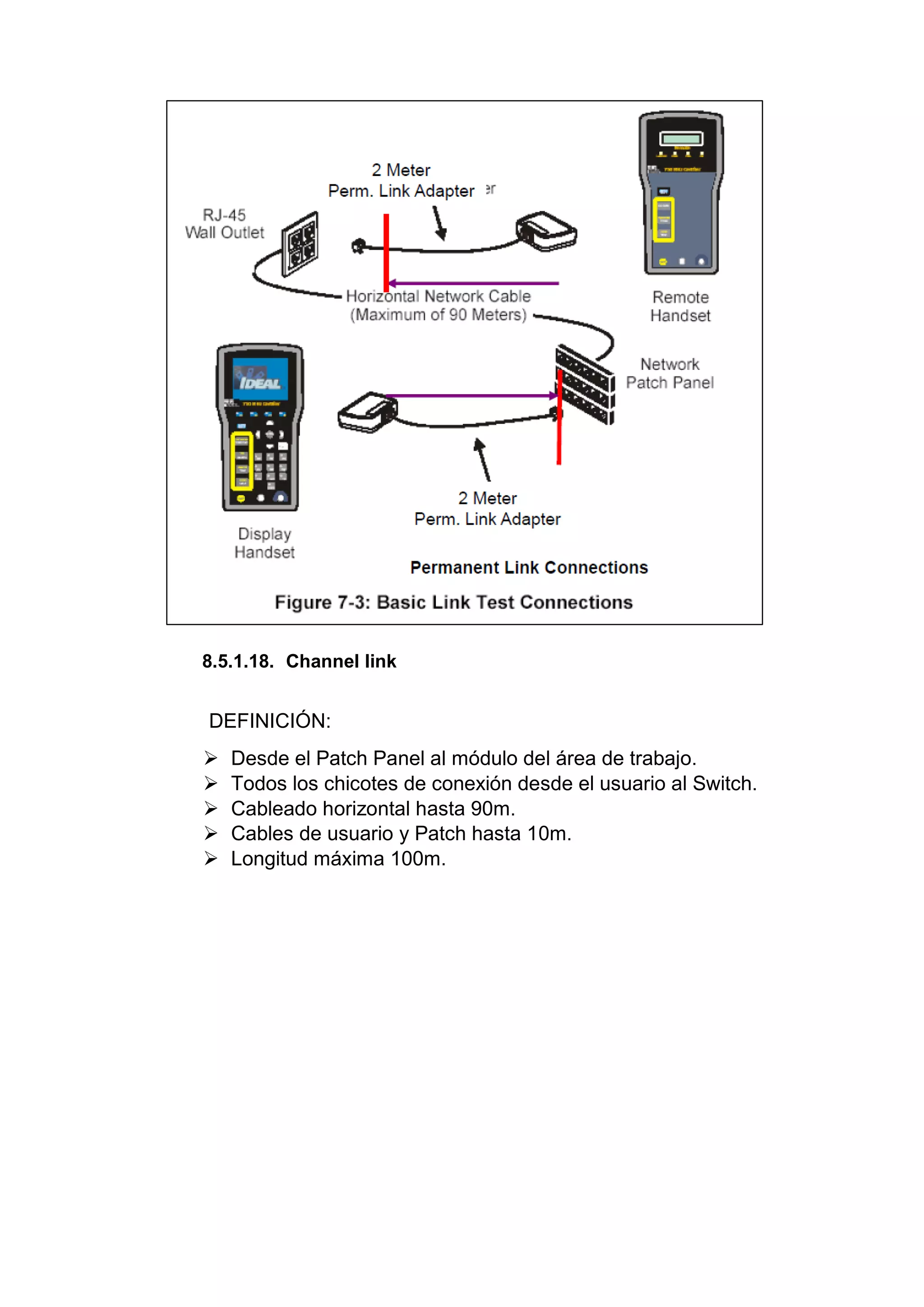 8.5.1.18. Channel link
DEFINICIÓN:
 Desde el Patch Panel al módulo del área de trabajo.
 Todos los chicotes de conexión desde el usuario al Switch.
 Cableado horizontal hasta 90m.
 Cables de usuario y Patch hasta 10m.
 Longitud máxima 100m.
 