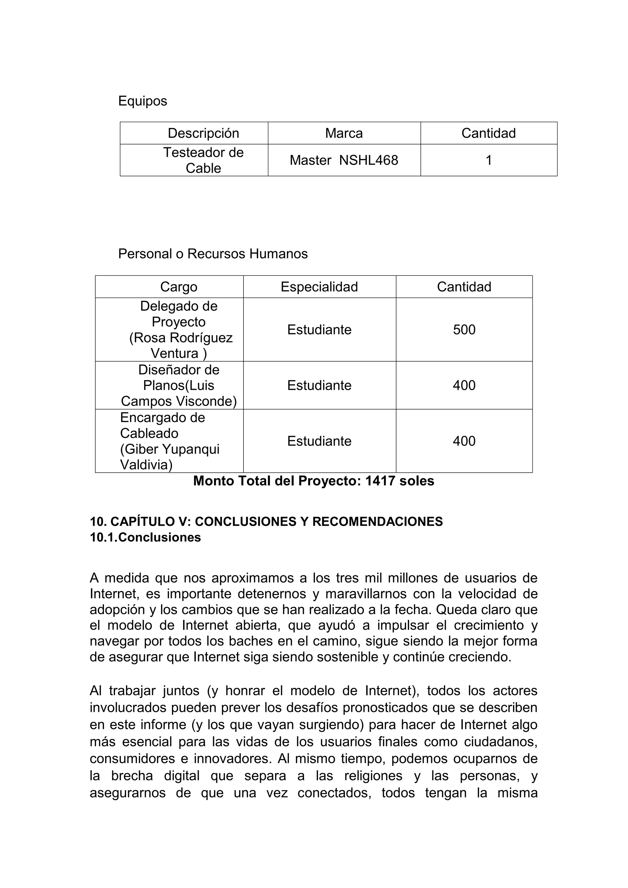 Equipos
Personal o Recursos Humanos
Monto Total del Proyecto: 1417 soles
10. CAPÍTULO V: CONCLUSIONES Y RECOMENDACIONES
10.1.Conclusiones
A medida que nos aproximamos a los tres mil millones de usuarios de
Internet, es importante detenernos y maravillarnos con la velocidad de
adopción y los cambios que se han realizado a la fecha. Queda claro que
el modelo de Internet abierta, que ayudó a impulsar el crecimiento y
navegar por todos los baches en el camino, sigue siendo la mejor forma
de asegurar que Internet siga siendo sostenible y continúe creciendo.
Al trabajar juntos (y honrar el modelo de Internet), todos los actores
involucrados pueden prever los desafíos pronosticados que se describen
en este informe (y los que vayan surgiendo) para hacer de Internet algo
más esencial para las vidas de los usuarios finales como ciudadanos,
consumidores e innovadores. Al mismo tiempo, podemos ocuparnos de
la brecha digital que separa a las religiones y las personas, y
asegurarnos de que una vez conectados, todos tengan la misma
Descripción Marca Cantidad
Testeador de
Cable
Master NSHL468 1
Cargo Especialidad Cantidad
Delegado de
Proyecto
(Rosa Rodríguez
Ventura )
Estudiante 500
Diseñador de
Planos(Luis
Campos Visconde)
Estudiante 400
Encargado de
Cableado
(Giber Yupanqui
Valdivia)
Estudiante 400
 