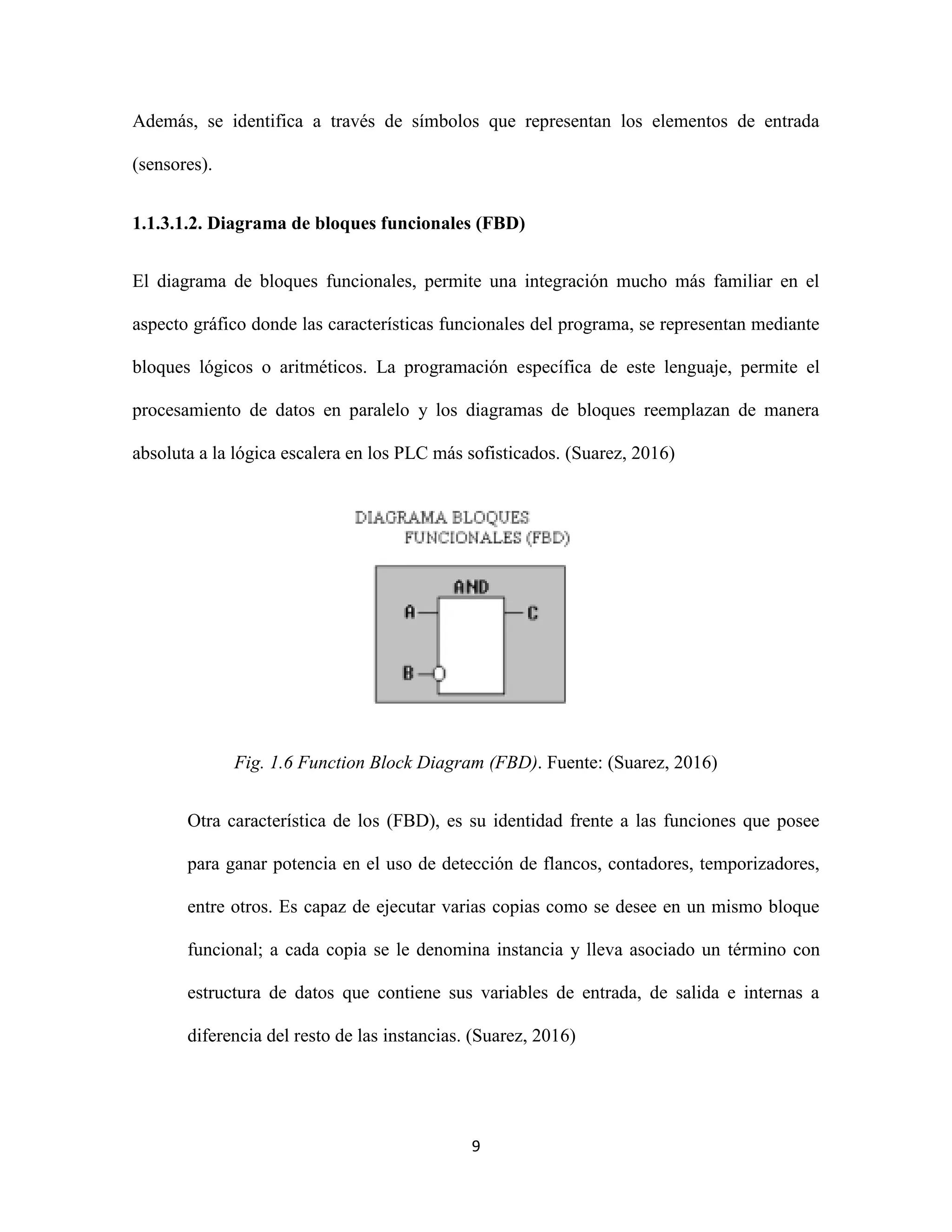 9
Además, se identifica a través de símbolos que representan los elementos de entrada
(sensores).
1.1.3.1.2. Diagrama de bloques funcionales (FBD)
El diagrama de bloques funcionales, permite una integración mucho más familiar en el
aspecto gráfico donde las características funcionales del programa, se representan mediante
bloques lógicos o aritméticos. La programación específica de este lenguaje, permite el
procesamiento de datos en paralelo y los diagramas de bloques reemplazan de manera
absoluta a la lógica escalera en los PLC más sofisticados. (Suarez, 2016)
Fig. 1.6 Function Block Diagram (FBD). Fuente: (Suarez, 2016)
Otra característica de los (FBD), es su identidad frente a las funciones que posee
para ganar potencia en el uso de detección de flancos, contadores, temporizadores,
entre otros. Es capaz de ejecutar varias copias como se desee en un mismo bloque
funcional; a cada copia se le denomina instancia y lleva asociado un término con
estructura de datos que contiene sus variables de entrada, de salida e internas a
diferencia del resto de las instancias. (Suarez, 2016)
 