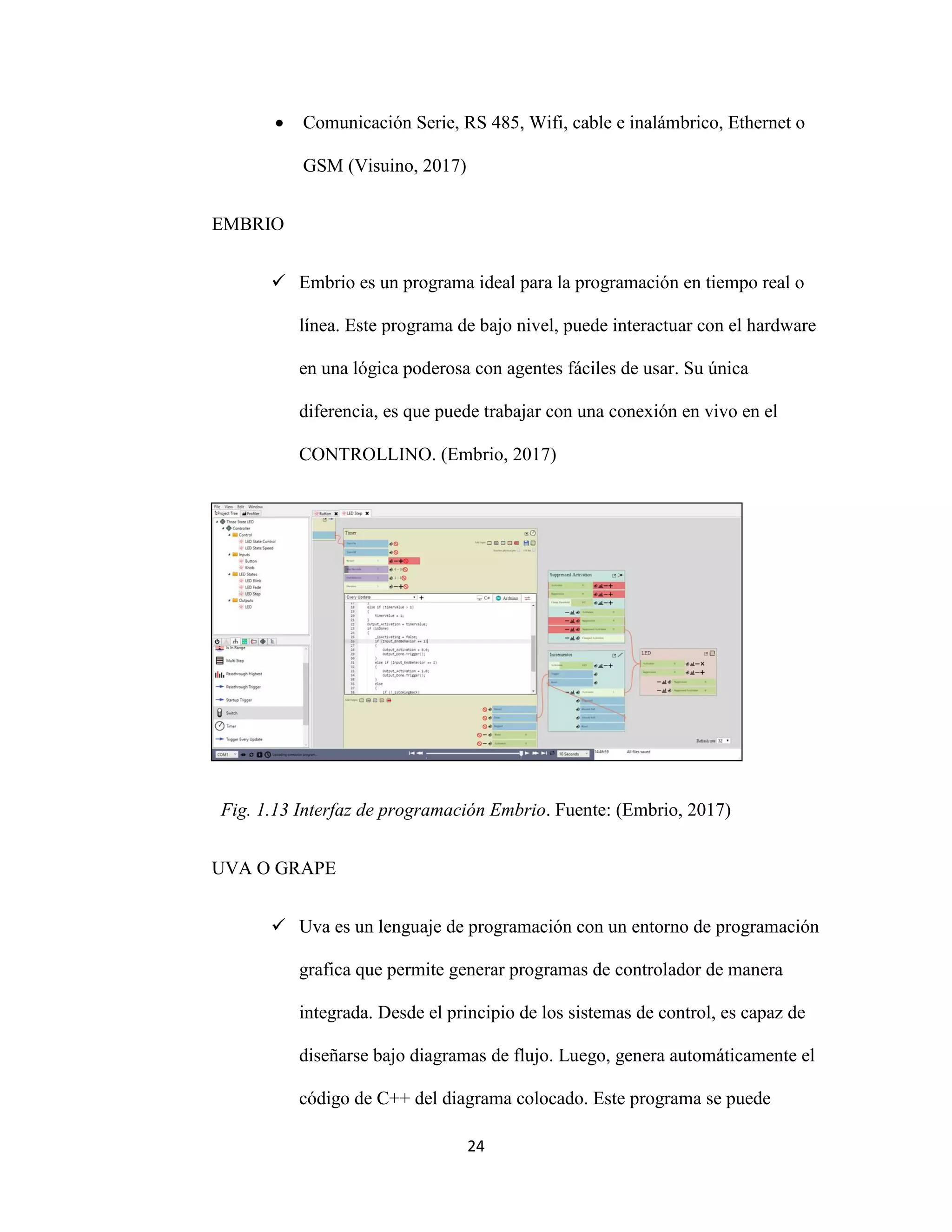 24
 Comunicación Serie, RS 485, Wifi, cable e inalámbrico, Ethernet o
GSM (Visuino, 2017)
EMBRIO
 Embrio es un programa ideal para la programación en tiempo real o
línea. Este programa de bajo nivel, puede interactuar con el hardware
en una lógica poderosa con agentes fáciles de usar. Su única
diferencia, es que puede trabajar con una conexión en vivo en el
CONTROLLINO. (Embrio, 2017)
Fig. 1.13 Interfaz de programación Embrio. Fuente: (Embrio, 2017)
UVA O GRAPE
 Uva es un lenguaje de programación con un entorno de programación
grafica que permite generar programas de controlador de manera
integrada. Desde el principio de los sistemas de control, es capaz de
diseñarse bajo diagramas de flujo. Luego, genera automáticamente el
código de C++ del diagrama colocado. Este programa se puede
 