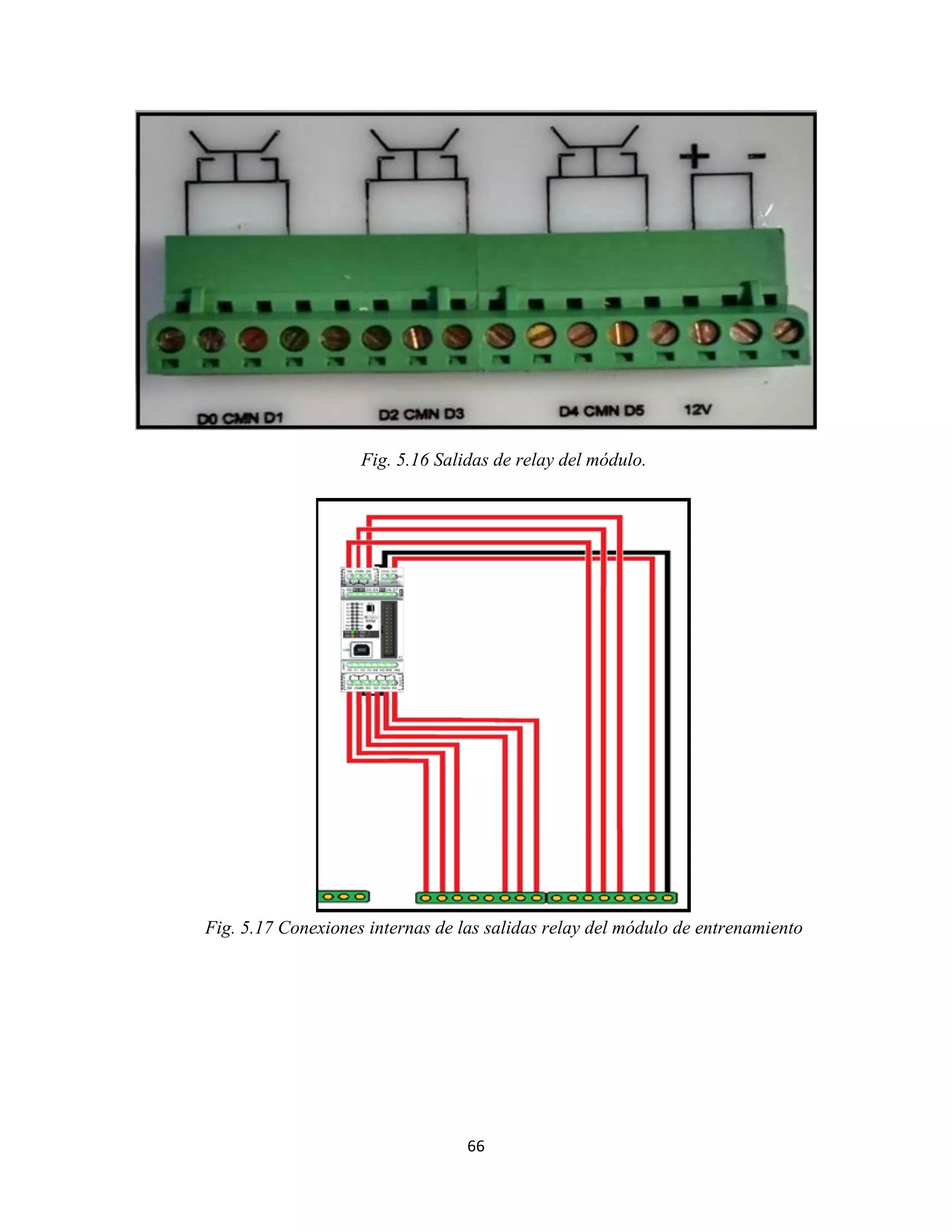66
Fig. 5.16 Salidas de relay del módulo.
Fig. 5.17 Conexiones internas de las salidas relay del módulo de entrenamiento
 