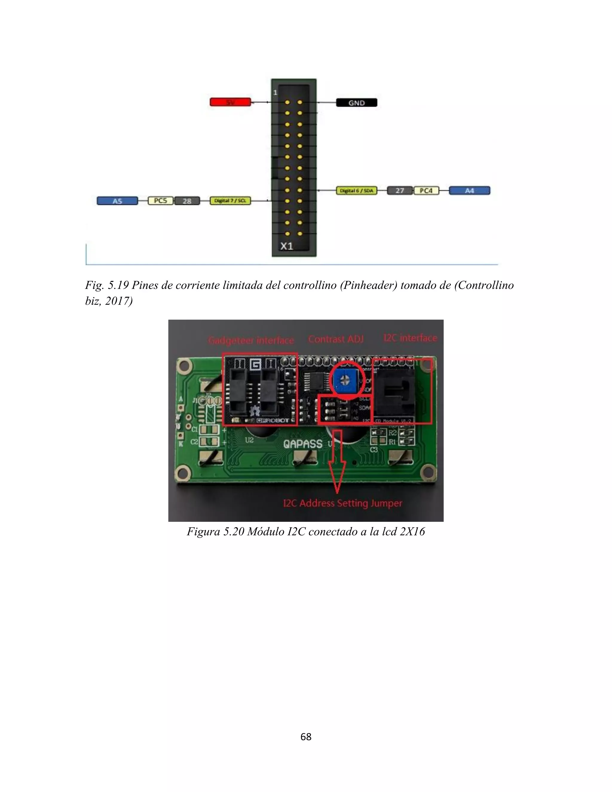 68
Fig. 5.19 Pines de corriente limitada del controllino (Pinheader) tomado de (Controllino
biz, 2017)
Figura 5.20 Módulo I2C conectado a la lcd 2X16
 