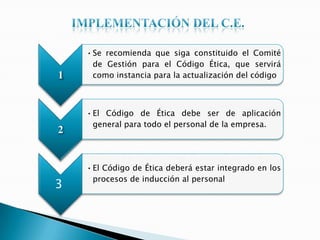 1
•Se recomienda que siga constituido el Comité
de Gestión para el Código Ética, que servirá
como instancia para la actualización del código
2
•El Código de Ética debe ser de aplicación
general para todo el personal de la empresa.
3
•El Código de Ética deberá estar integrado en los
procesos de inducción al personal
 