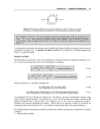 CAPÍTULO 7 DISEÑO DE ÁRBOLES 17
Figura 7.15 Estado de esfuerzo de los puntos críticos de un árbol, cuando no se tienen
en cuenta o no existen esfuerzos producidos por cortante directo y por ajustes forzados
En el capítulo 5 (sección 5.12) se presentaron ecuaciones generales para esfuerzos multiaxiales en
fatiga. Por lo tanto, estas ecuaciones podrían usarse para cualquier caso de diseño de árboles,
en particular, cuando en algún punto crítico de un árbol se tienen más esfuerzos que aquellos de la
figura 7.15.
A continuación se presentan tres métodos para el análisis por fatiga de árboles con puntos críticos como el
mostrado en la figura 7.15. El método von Mises (estudiado en el capítulo 5), el método adoptado por
Faires[1]
y el método ASME.
Método von Mises
Reemplazando las ecuaciones 5.84 y 5.85 (teniendo en cuenta que uno de los esfuerzos normales, XX o
YY, es cero) en las ecuaciones 5.86 y 5.87, del capítulo 5, se obtiene:
óSoderberg)(usando
331
2222
n
aa
y
mm
SSN
 


 (7.18)
),modificadaGoodman(usando
331
2222
n
aa
u
mm
SSN
 


 (7.19)
donde los esfuerzos  y  pueden calcularse así:
,y )()( asTffamsTfmm SKτSKτ  (7.20)
.y )()()()()()()()( MaMffFaFffaMmMfmFmFfmm SKSKSKSK   (7.21)
Los subíndices (T), (F) y (M) para los factores Kfm y Kff indican que éstos corresponden a torsión, carga
axial y flexión, respectivamente. Los esfuerzos Sm(F) y Sa(F) son las componentes media y alternativa del
esfuerzo producido por la fuerza axial, y los esfuerzos Sm(M) y Sa(M) son las componentes media y
alternativa del esfuerzo producido por flexión. Nótese que no es necesario verificar la condición de
resistencia estática de la ecuación 5.87, si se verifica la resistencia del árbol a las cargas dinámicas.
Este método puede utilizarse para el diseño de árboles que cumplan las siguientes condiciones en el punto
a analizar:
 Material dúctil o frágil.
SS
Ss
Ss
 