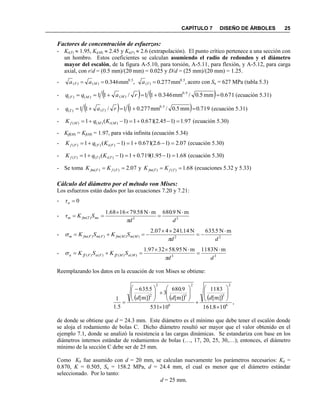 CAPÍTULO 7 DISEÑO DE ÁRBOLES 25
Factores de concentración de esfuerzos:
- Kt(T)  1.95, Kt(M)  2.45 y Kt(F)  2.6 (extrapolación). El punto crítico pertenece a una sección con
un hombro. Estos coeficientes se calculan asumiendo el radio de redondeo y el diámetro
mayor del escalón, de la figura A-5.10, para torsión, A-5.11, para flexión, y A-5.12, para carga
axial, con r/d = (0.5 mm)/(20 mm) = 0.025 y D/d = (25 mm)/(20 mm) = 1.25.
- ,mm346.0 0.5
)()(  MF aa ,mm277.0 0.5
)( Ta acero con Su = 627 MPa (tabla 5.3)
-     671.0mm5.0/mm346.011/11 0.5
)()()(  raqq MMF (ecuación 5.31)
-     719.0mm5.0/mm277.011/11 0.5
)()(  raq TT (ecuación 5.31)
- 97.1)145.2(671.01)1(1 )()()(  MtMMf KqK (ecuación 5.30)
- Kff(M) = Kf(M) = 1.97, para vida infinita (ecuación 5.34)
- 07.2)16.2(671.01)1(1 )()()(  FtFFf KqK (ecuación 5.30)
- 68.1)195.1(719.01)1(1 )()()(  TtTTf KqK (ecuación 5.30)
- Se toma 07.2)()(  FfFfm KK y 68.1)()(  TfTfm KK (ecuaciones 5.32 y 5.33)
Cálculo del diámetro por el método von Mises:
Los esfuerzos están dados por las ecuaciones 7.20 y 7.21:
- 0aτ
- 33)(
mN9.680mN58.791668.1
dd
SKτ msTfmm





- 22)()()()(
mN5.635N14.241407.2
dd
SKSK MmMfmFmFfmm






- 33)()()()(
mN1183mN95.583297.1
dd
SKSK MaMffFaFffa






Reemplazando los datos en la ecuación de von Mises se obtiene:
     
,
108.161
]m[
1183
10531
]m[
9.680
3
]m[
5.635
5.1
1
6
2
3
6
2
3
2
2


























 

ddd
de donde se obtiene que d = 24.3 mm. Este diámetro es el mínimo que debe tener el escalón donde
se aloja el rodamiento de bolas C. Dicho diámetro resultó ser mayor que el valor obtenido en el
ejemplo 7.1, donde se analizó la resistencia a las cargas dinámicas. Se estandariza con base en los
diámetros internos estándar de rodamientos de bolas (…, 17, 20, 25, 30,…); entonces, el diámetro
mínimo de la sección C debe ser de 25 mm.
Como Kb fue asumido con d = 20 mm, se calculan nuevamente los parámetros necesarios: Kb =
0.870, K = 0.505, Sn = 158.2 MPa, d = 24.4 mm, el cual es menor que el diámetro estándar
seleccionado. Por lo tanto:
d = 25 mm.
 