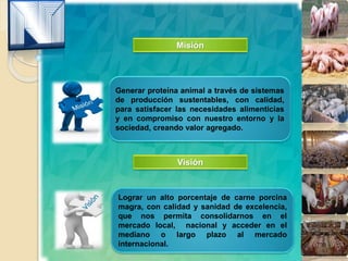 Misión
Generar proteína animal a través de sistemas
de producción sustentables, con calidad,
para satisfacer las necesidades alimenticias
y en compromiso con nuestro entorno y la
sociedad, creando valor agregado.
Visión
Lograr un alto porcentaje de carne porcina
magra, con calidad y sanidad de excelencia,
que nos permita consolidarnos en el
mercado local, nacional y acceder en el
mediano o largo plazo al mercado
internacional.
 