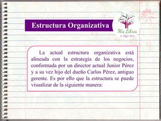 La actual estructura organizativa está
alineada con la estrategia de los negocios,
conformada por un director actual Junior Pérez
y a su vez hijo del dueño Carlos Pérez, antiguo
gerente. Es por ello que la estructura se puede
visualizar de la siguiente manera:
Estructura Organizativa
 