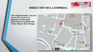 DIRECCIÓN DE LA EMPRESA
Calle Antigua Girardot cruce con
carrera 10 A. Local N° 34
Diagonal a la Universidad
Bolivariana de Venezuela (UBV)
Centro- Maturín Edo. Monagas
 
