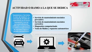 ACTIVIDAD O RAMO A LA QUE SE DEDICA
• Servicio de mantenimiento mecánico
preventivo
• Servicio de mantenimiento mecánico
correctivo
• Diagnostico computarizado
• Venta de fluidos y repuestos automotrices
Suministros y Servicios
Leones & Leones C.A,
con mas de 15 años de
experiencia en el sector
automotriz, con un
personal altamente
calificado y responsable,
se dedica a reparaciones
de mecánica ligera y
pesada automotrices.
 