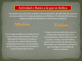 Nos dedicamos a la venta al detal y comercialización de todo tipo de carnes de
primera calidad. En Carnicería Hermanos Medina, S.A además ofrecemos un
amplio surtido de delicateses y charcutería en general.
.
Ser la empresa líder en el campo de las
carnes frescas para brindar a nuestra
distinguida clientela un producto
nacional, de calidad diferenciada,
comprometiéndonos a proporcionar
un servicio personalizado basado en
nuestros principios éticos.
Ocupar en el mercado de la carne la
posición de empresa líder en el
procesamiento y comercialización de
la carne vacuna y sus derivados a
través de los canales de distribución y
ofreciendo una variedad de productos
que satisfagan la necesidad de
nuestros clientes
 