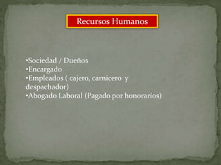 Recursos Humanos
•Sociedad / Dueños
•Encargado
•Empleados ( cajero, carnicero y
despachador)
•Abogado Laboral (Pagado por honorarios)
 