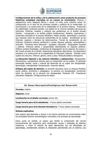 49 
Configuraciones de la niñez y de la adolescencia como producto de procesos históricos complejos inscriptos en un cuerpo en crecimiento. Infancia y adolescencia como categoría teórica y social. La niñez como colectivo social. Su configuración en el seno de los procesos sociales y políticos de la modernidad. La comunicación y la construcción de la subjetividad en la primera infancia. Producción de subjetividad y prácticas sociales. Los sujetos en el universo simbólico del grupo de referencia. Prácticas, modelos y matrices que predominan en el ámbito privado (familia – microgrupo) y en ámbito público (instituciones). Modelos, experiencias y contenidos culturales en el proceso identitario. Redes sociales. Aprendizaje y vivencias que impactan sobre las estructuras actitudinales de los sujetos. Socialización de las infancias: espacios y tiempos de desencuentros. Tramas de socialización de las infancias. Contextos urbanos, periféricos y rurales. Riqueza, pobreza, vulnerabilidad y exclusión. Tensiones entre educación – igualdad / educación - desigualdad. Escuelas y pobreza. Infancias pobres y pauperizadas deambulando en espacios públicos. Políticas sociales focalizadas, condiciones de disgregación de los espacios de crianza y del mundo privado de la familia. Experiencias educativas alternativas. Los dispositivos escolares y la construcción de la subjetividad en Educación Especial. Infantes como sujetos de consumo. Infancia: género, etnia y clase. Multiculturalidad y bilingüismo. 
La Educación Especial y las culturas infantiles y adolescentes. Discapacidad. Dimensiones y perspectivas teóricas para la comprensión de los sujetos. El particular entramado familiar, social y cultural del desarrollo de un sujeto con discapacidad. Aprendizaje y discapacidad. Escolarización. Inserción laboral. 
Enfoque del sujeto de derecho: La inclusión educativa como un enfoque filosófico social, político, económico y pedagógico. La persona con discapacidad: convención sobre los derechos de la persona con discapacidad. Protocolo CIF. Trayectorias educativas integrales. Configuraciones de Apoyo 
10. Bases Neuropsicofisiológicas del Desarrollo 
Formato: módulo 
Régimen: anual 
Localización en el diseño curricular: primer año 
Carga horaria para el/la estudiante: 5 horas cátedra semanales 
Carga horaria para el/la docente formador/a: 7 horas cátedra semanales 
Síntesis explicativa: 
Este espacio está destinado a ofrecer a los futuros docentes los conocimientos sobre los principales factores neurobiológicos vinculados a los procesos de aprendizaje. 
Como punto de partida, se espera que facilite la comprensión del normal funcionamiento del organismo para reinterpretar causas o etiologías de distintos trastornos, e inferir la relación de estas alteraciones con las dificultades de aprendizaje, considerando siempre la interacción permanente con el entorno. Los  