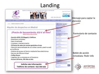 Landing
          Mensaje para captar la
          atención




          Formulario de contacto




          Botón de acción
          inmediata: Pedir info
 