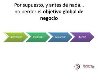 Por supuesto, y antes de nada…
   no perder el objetivo global de
              negocio


Identificar   Planificar   Comunicar   Medir
 