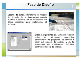 Fase de Diseño
Diseño de datos. Transforma el modelo
de dominio de la información creado
durante el análisis, en las estructuras de
datos necesarias para implementar el
software.
Diseño arquitectónico. Define la relación
entre los principales elementos
estructurales del programa. Se obtiene a
partir del modelo de análisis y de la
interacción de subsistemas definidos
dentro del modelo de análisis.
 