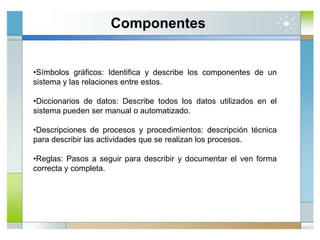 Componentes
•Símbolos gráficos: Identifica y describe los componentes de un
sistema y las relaciones entre estos.
•Diccionarios de datos: Describe todos los datos utilizados en el
sistema pueden ser manual o automatizado.
•Descripciones de procesos y procedimientos: descripción técnica
para describir las actividades que se realizan los procesos.
•Reglas: Pasos a seguir para describir y documentar el ven forma
correcta y completa.
 