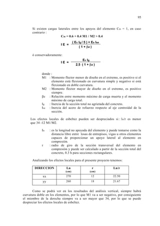 Si existen cargas laterales entre los apoyos del elemento Cm = 1, en caso
contrario :
Cm = 0.6 + 0.4 M1 / M2 > 0.4
ó conservadoramente:
donde :
M1 : Momento flector menor de diseño en el extremo, es positivo si el
elemento está flexionado en curvatura simple y negativo si está
flexionado en doble curvatura.
M2 : Momento flector mayor de diseño en el extremo, es positivo
siempre.
βd : Relación entre momento máximo de carga muerta y el momento
máximo de carga total.
Ig : Inercia de la sección total no agrietada del concreto.
Ise : Inercia del acero de refuerzo respecto al eje centroidal de la
sección.
Los efectos locales de esbeltez pueden ser despreciados si : ln/r es menor
que 34 -12 M1/M2.
In : es la longitud no apoyada del elemento y puede tomarse como la
distancia libre entre losas de entrepisos, vigas u otros elementos
capaces de proporcionar un apoyo lateral al elemento en
compresión.
r : radio de giro de la sección transversal del elemento en
compresión y puede ser calculado a partir de la sección total del
concreto, 0.3 h para secciones rectangulares.
Analizando los efectos locales para el presente proyecto tenemos:
DIRECCION Ln
(cm)
r
(cm)
Ln/r
xx 270 12 22.50
yy 260 18 21.67
Como se podrá ver en los resultados del análisis vertical, siempre habrá
curvatura doble en los elementos, por lo que M1 va a ser negativo, por consiguiente
el miembro de la derecha siempre va a ser mayor que 34, por lo que se puede
despreciar los efectos locales de esbeltez.
( Ec Ig / 5 ) + Es Ise
( 1 + βd )
I E =
Ec Ig
2.5 ( 1 + βd )
I E =
95
 
