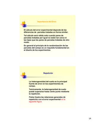 14
Importancia del Error
El cálculo del error experimental depende de las
diferencias de parcelas tratadas en forma similar.
Tal cálculo será válido solo cuando pares de
parcelas tratadas por igual no están tan cerca ni
tan lejos que los pares de parcelas tratadas de otro
modo.
En general el principio de la randomización de las
parcelas del campo es un requisito fundamental en
el diseño de los experimentos
Repetición
La heterogeneidad del suelo es la principal
fuente de error en los experimentos de
campo.
Teóricamente, la heterogeneidad de suelo
puede superarse hasta cierto punto mediante
la repetición.
Fisher ilustra las relaciones generales de
repetición con el error experimental en la
siguiente figura
 