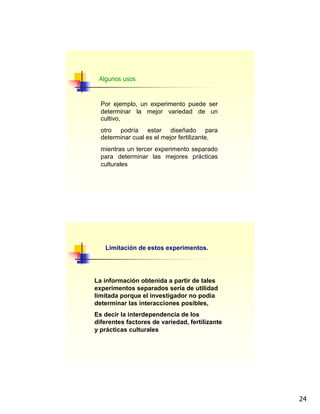 24
Por ejemplo, un experimento puede ser
determinar la mejor variedad de un
cultivo,
otro podría estar diseñado para
determinar cual es el mejor fertilizante,
mientras un tercer experimento separado
para determinar las mejores prácticas
culturales
Algunos usos
Limitación de estos experimentos.
La información obtenida a partir de tales
experimentos separados sería de utilidad
limitada porque el investigador no podía
determinar las interacciones posibles,
Es decir la interdependencia de los
diferentes factores de variedad, fertilizante
y prácticas culturales
 
