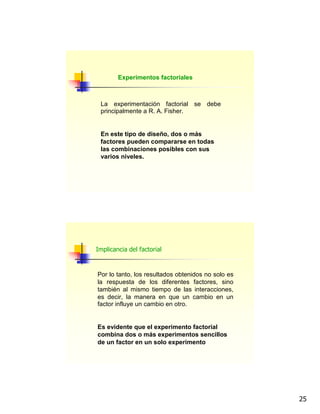 25
Experimentos factoriales
La experimentación factorial se debe
principalmente a R. A. Fisher.
En este tipo de diseño, dos o más
factores pueden compararse en todas
las combinaciones posibles con sus
varios niveles.
Por lo tanto, los resultados obtenidos no solo es
la respuesta de los diferentes factores, sino
también al mismo tiempo de las interacciones,
es decir, la manera en que un cambio en un
factor influye un cambio en otro.
Es evidente que el experimento factorial
combina dos o más experimentos sencillos
de un factor en un solo experimento
Implicancia del factorial
 