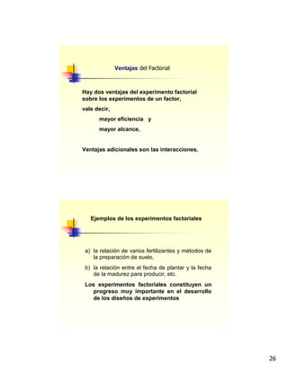 26
Ventajas del Factorial
Hay dos ventajas del experimento factorial
sobre los experimentos de un factor,
vale decir,
mayor eficiencia y
mayor alcance,
Ventajas adicionales son las interacciones.
a) la relación de varios fertilizantes y métodos de
la preparación de suelo,
b) la relación entre el fecha de plantar y la fecha
de la madurez para producir, etc.
Los experimentos factoriales constituyen un
progreso muy importante en el desarrollo
de los diseños de experimentos
Ejemplos de los experimentos factoriales
 