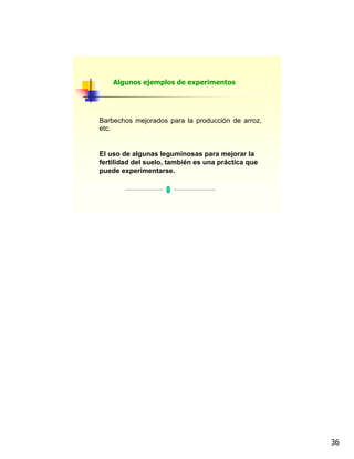 36
Algunos ejemplos de experimentos
Barbechos mejorados para la producción de arroz,
etc.
El uso de algunas leguminosas para mejorar la
fertilidad del suelo, también es una práctica que
puede experimentarse.
 