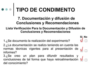 TIPO DE CONDIMENTO
7. Documentación y difusión de
Conclusiones y Recomendaciones
Lista Verificación Para la Documentación y Difusión de
Conclusiones y Recomendaciones
Si No

1.¿Se documento la realización del experimento?
2.¿La documentación se realizo teniendo en cuenta las
normas técnicas vigentes para al presentación de
informes?
3.¿Se creo un plan para difundir resultados y
conclusiones de tal forma que haya retroalimentación
del conocimiento?

 