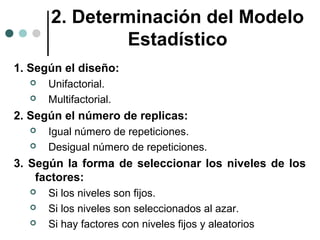 2. Determinación del Modelo
Estadístico
1. Según el diseño:



Unifactorial.
Multifactorial.

2. Según el número de replicas:



Igual número de repeticiones.
Desigual número de repeticiones.

3. Según la forma de seleccionar los niveles de los
factores:




Si los niveles son fijos.
Si los niveles son seleccionados al azar.
Si hay factores con niveles fijos y aleatorios

 