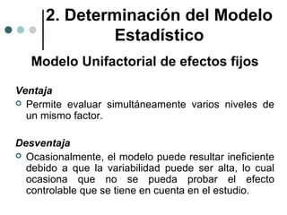 2. Determinación del Modelo
Estadístico
Modelo Unifactorial de efectos fijos
Ventaja
 Permite evaluar simultáneamente varios niveles de
un mismo factor.
Desventaja
 Ocasionalmente, el modelo puede resultar ineficiente
debido a que la variabilidad puede ser alta, lo cual
ocasiona que no se pueda probar el efecto
controlable que se tiene en cuenta en el estudio.

 