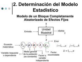 2. Determinación del Modelo
Estadístico
Modelo de un Bloque Completamente
Aleatorizado de Efectos Fijos
X

Entrada

Unidad
Muestral
Z

Ecuación
matemática
Variable respuesta
o dependiente

Yijk = µ + α i + A j + ε ijk

Salida
Y

Error

i = 1,..., a

Media general
Factor
de la población
Factor o incontrolable
(es constante)
variable
independiente

j = 1,..., b

k = 1,..., n

 