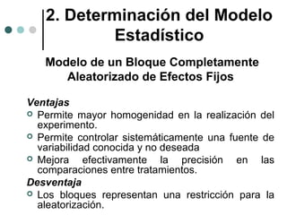 2. Determinación del Modelo
Estadístico
Modelo de un Bloque Completamente
Aleatorizado de Efectos Fijos
Ventajas
 Permite mayor homogenidad en la realización del
experimento.
 Permite controlar sistemáticamente una fuente de
variabilidad conocida y no deseada
 Mejora
efectivamente la precisión en las
comparaciones entre tratamientos.
Desventaja
 Los bloques representan una restricción para la
aleatorización.

 