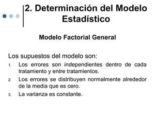 2. Determinación del Modelo
Estadístico
Modelo Factorial General
Los supuestos del modelo son:
1.

2.

3.

Los errores son independientes dentro de cada
tratamiento y entre tratamientos.
Los errores se distribuyen normalmente alrededor
de la media que es cero.
La varianza es constante.

 
