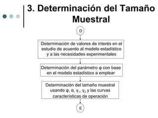 3. Determinación del Tamaño
Muestral
D

Determinación de valores de interés en el
estudio de acuerdo al modelo estadístico
y a las necesidades experimentales
Determinación del parámetro φ con base
en el modelo estadístico a emplear
Determinación del tamaño muestral
usando φ, α, γ1, γ2 y las curvas
características de operación
E

 