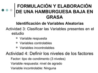 FORMULACIÓN Y ELABORACIÓN
DE UNA HAMBURGUESA BAJA EN
GRASA
Identificación de Variables Aleatorias
Actividad 3: Clasificar las Variables presentes en el
estudio




Variable respuesta
Variables controlables
Variables incontrolables

Actividad 4: Definir los niveles de los factores
Factor: tipo de condimento (3 niveles)
Variable respuesta: nivel de agrado
Variable incontrolable: Ninguna

 